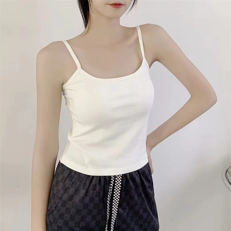 Camisola ajustada sin mangas con tirantes finos de color liso para mujer con almohadilla para el pecho, de algodón, para uso exterior, camisetas cortas de verano para mujer.