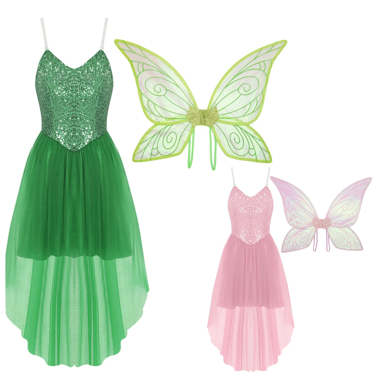 Womens Halloween Green Princess Dress Forest Tinker Costumes Bell Dress with Fairy Tale Wings for Carnival Roleplay Dress Up