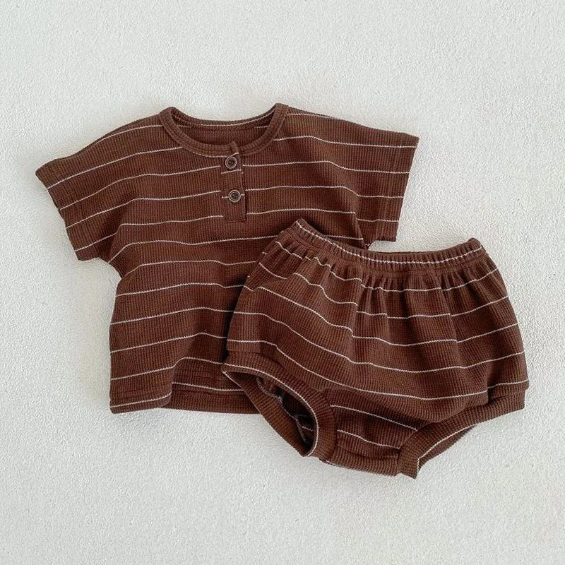 Ropa para niños de 0 a 3 años, conjunto de camiseta y pantalones cortos de algodón puro a rayas de verano, conjunto de manga corta para niñas y vacaciones en la playa