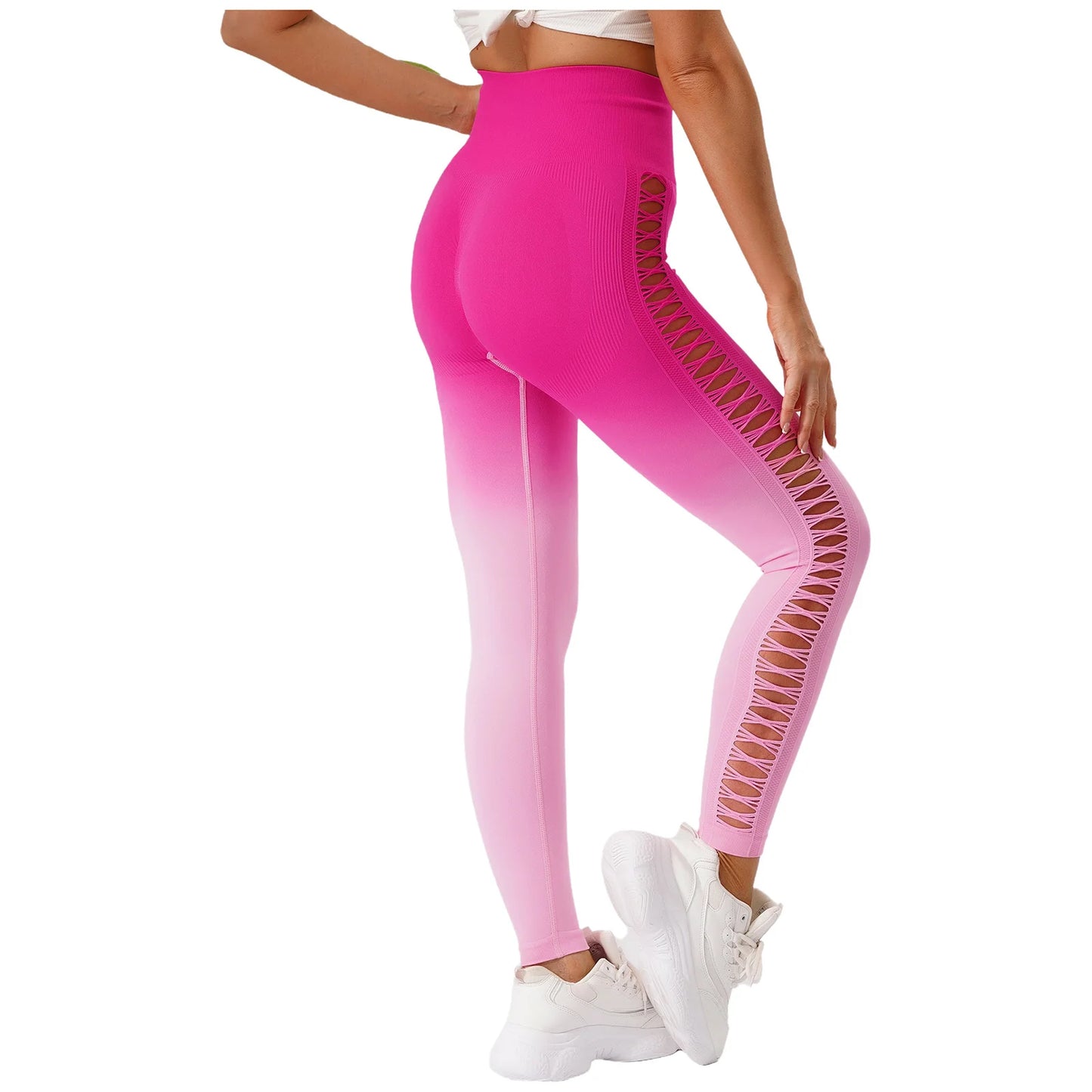 Womens Hip Tight Yoga Pants High Waist Side Hollowed-Out Mesh Design Exercise Yoga Leggings Running Gym Fitness