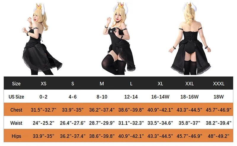 WENAM Bowsette Cosplay Costume Black Gothic Dress for Halloween Bowsette Princess Bowser Cosplay Costume Dress Sexy Short Black