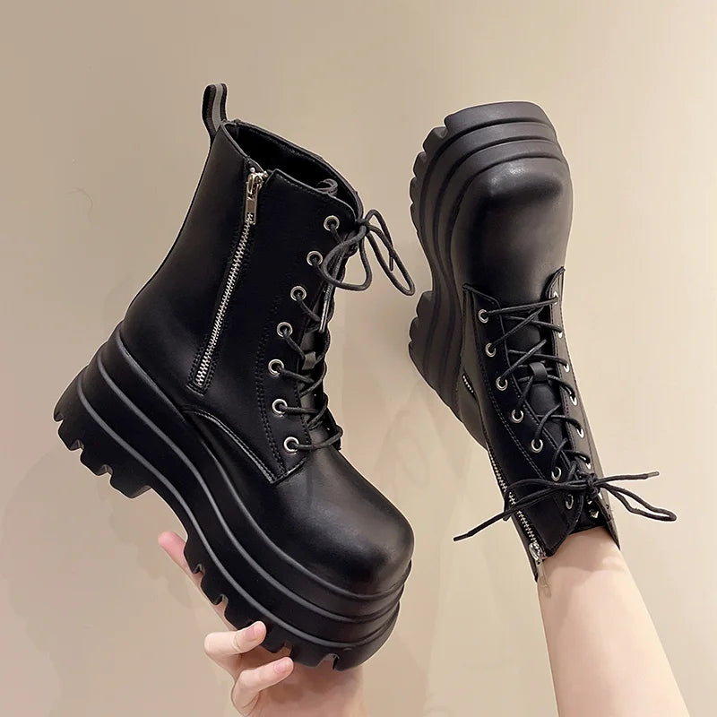 Botines de piel sintética para mujer, estilo gótico, con plataforma, puntera redonda y cordones, ideales para otoño e invierno. Talla 11.