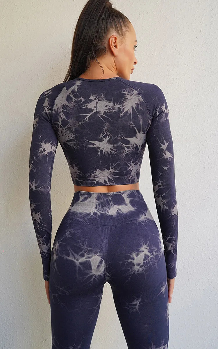 VEQKING - Ropa de yoga teñida para mujer, top corto de manga larga, pantalones de yoga de cintura alta, conjuntos deportivos, ropa de gimnasio de secado rápido