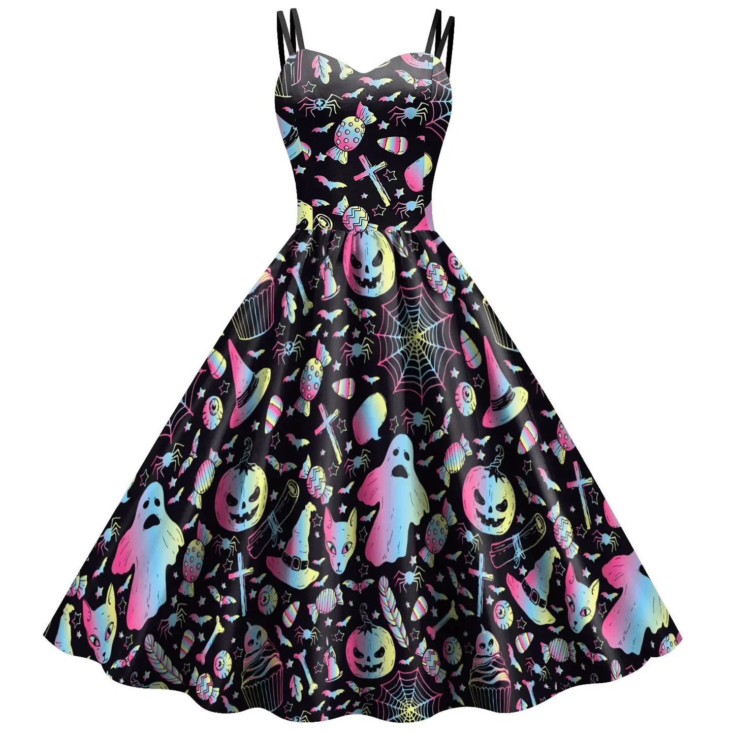 Halloween Costume Skeleton Rose Print Women Girl Female Goth Horror Rockabilly Carnival Fancy Dress Up Party Performance