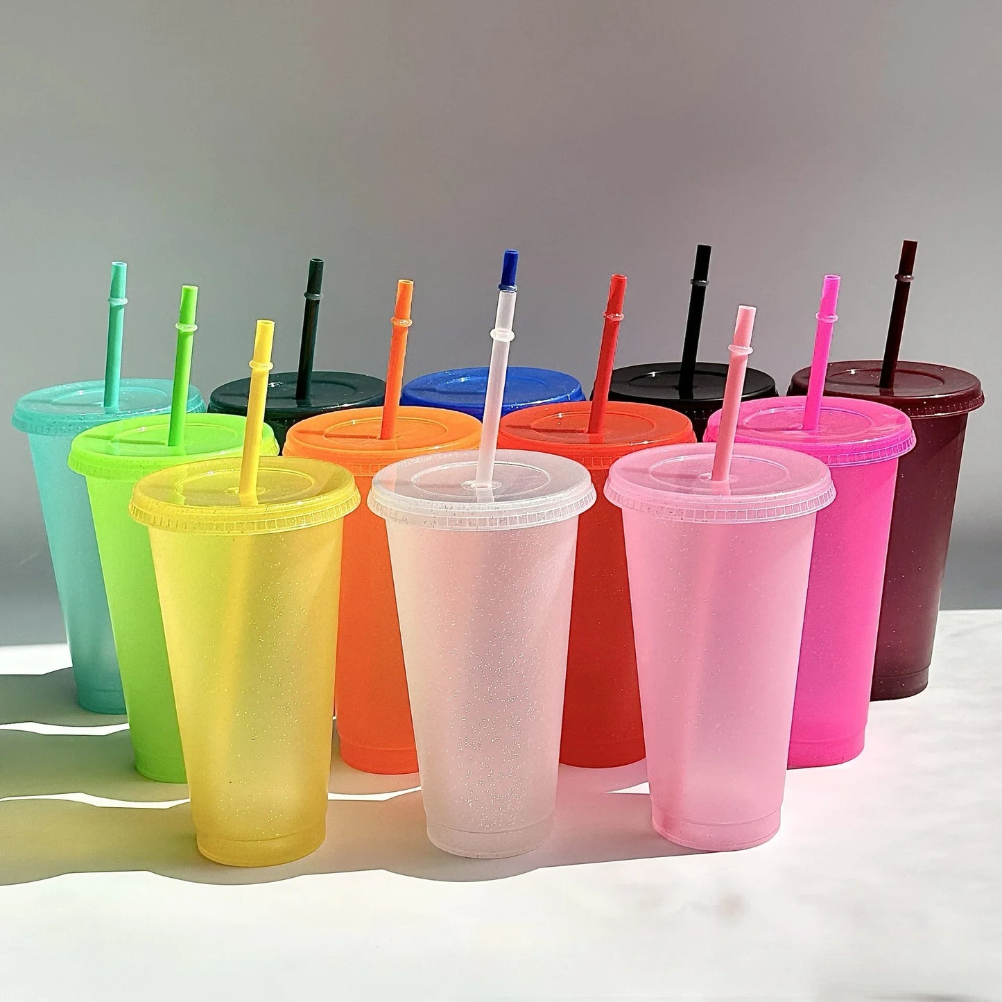 Vaso de plástico reutilizable con purpurina de 710 ml, vasos con purpurina y pajita, ideal para hacer tú mismo, regalo de Navidad, camiseta que cambia de color, 1/5/10 unidades