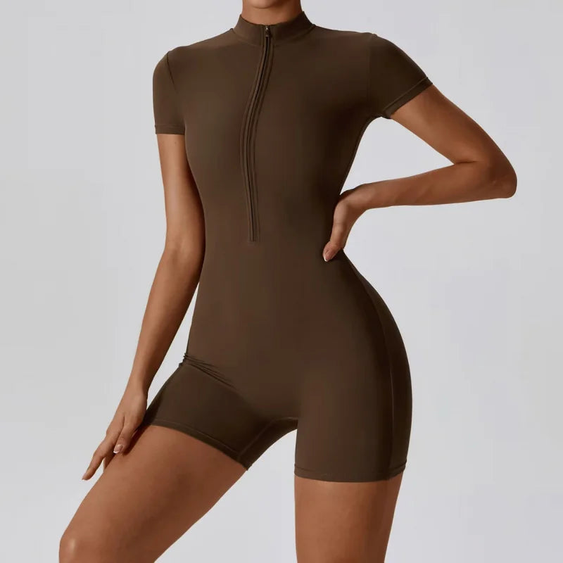 Ropa deportiva para mujer, ropa deportiva para exteriores, ropa interior moldeadora de una pieza fina de verano con cremallera, pantalones cortos y ropa de yoga.