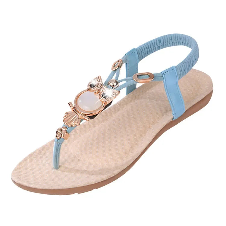 Sandalias planas bohemias de verano nuevas, informales, con cuentas de búho y clip en la punta, para mujer, parte superior de goma, suaves, cómodas y resistentes al desgaste.