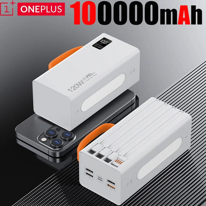 ONEPLUS - Cargador portátil de alta capacidad de 500.000 mAh y 120 W, 4 en 1, con cables y carga rápida para iPhone y Samsung.