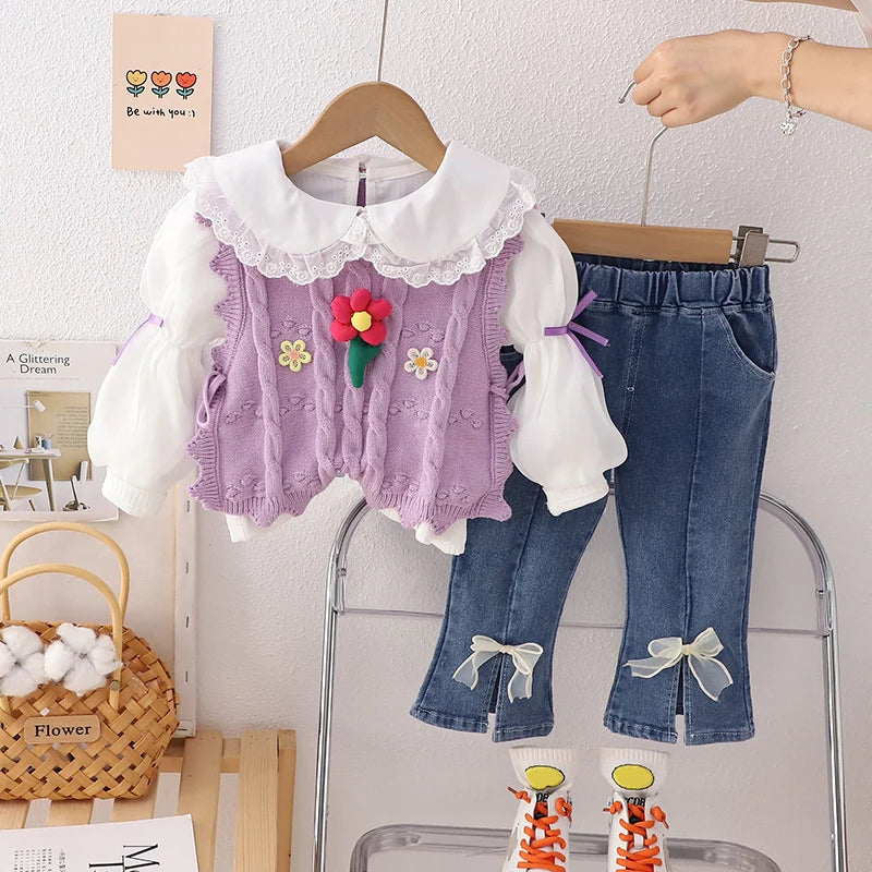 Conjuntos de ropa para niñas, camiseta, chaleco floral, pantalones vaqueros con lazo, ropa de bebé para primavera y otoño, conjuntos para bebés, chándal para niños