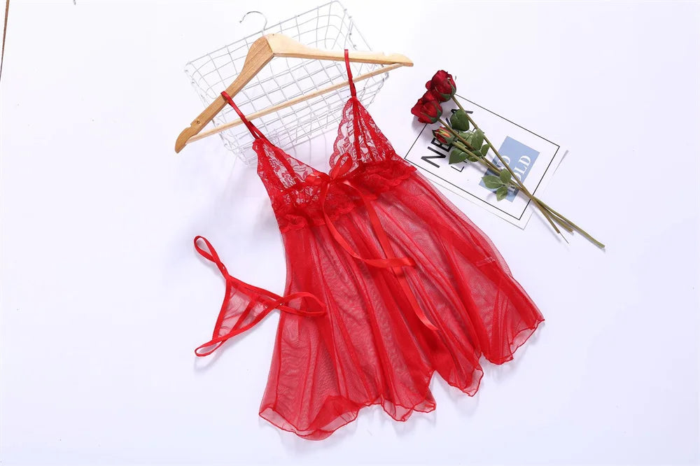 Lencería sexy para mujer, pijamas sin entrepierna, vestido de noche de encaje, ropa interior femenina exótica, camisón, tanga, disfraces eróticos