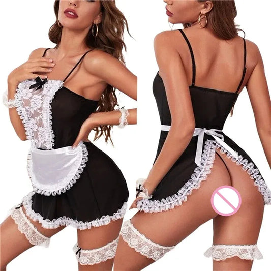 Porno Cosplay Sexy Lingerie Maid Dress Women Adult Sex Lace Splicing Sling Siamese Thong Underwear Skirt Dress Outfits