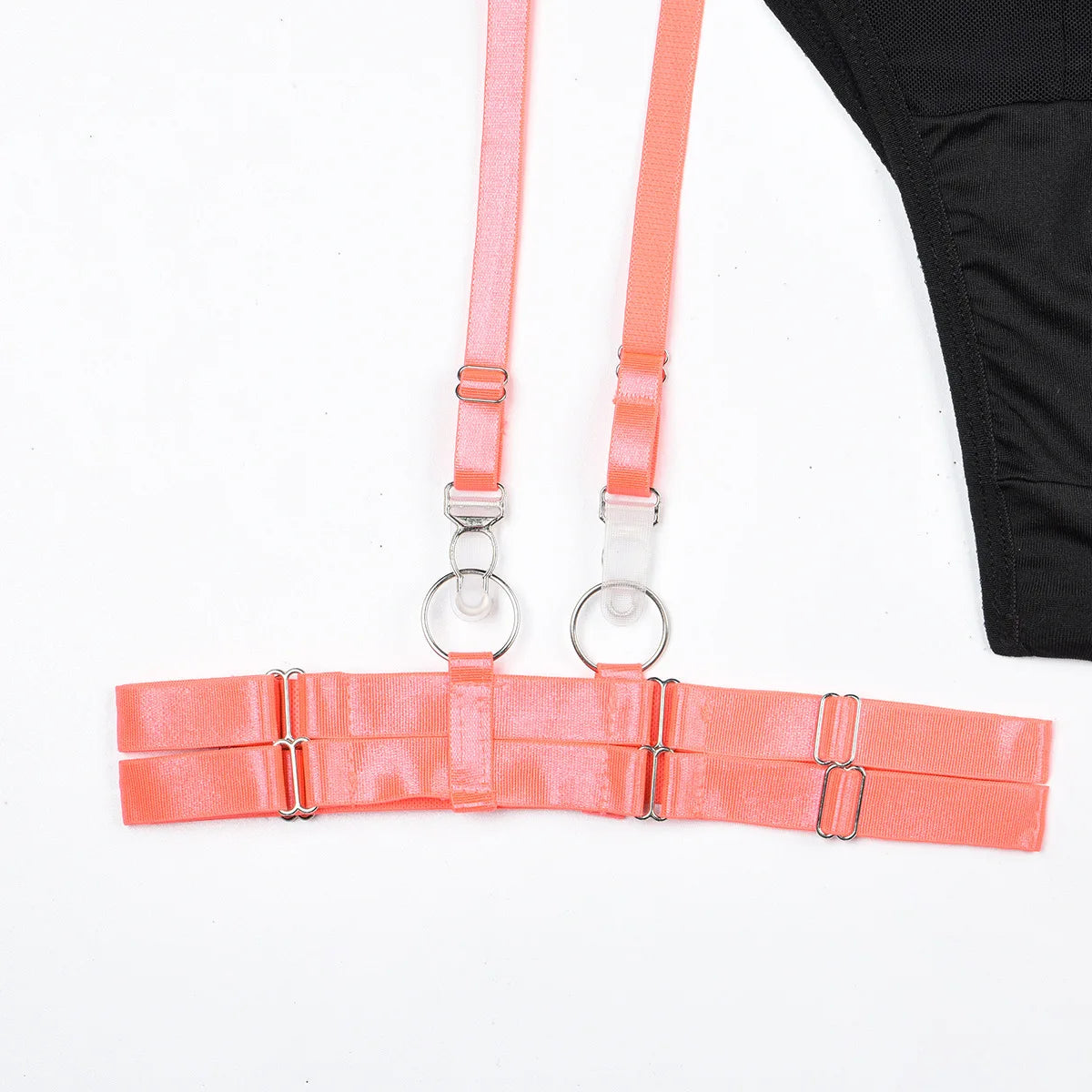 Conjunto de lencería sexy para mujer, con panel de encaje, escote en V profundo, glúteos abiertos, tirantes con forma de corazón de melocotón, cadena cruzada, liguero, ropa interior de tres piezas