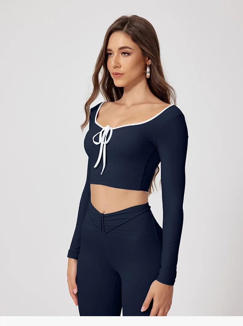 Conjunto de yoga para mujer: camiseta de manga larga, ropa deportiva, top corto, leggings de cintura alta y conjunto deportivo.