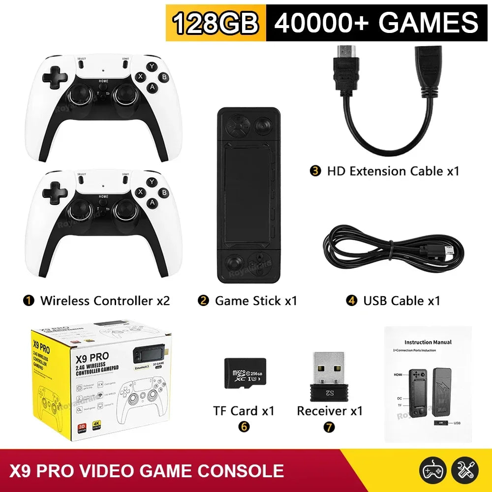 Consola de videojuegos X9 PRO GameStick 4K HD para TV, 128 GB, 256 GB, juegos 3D para PSP/PS1/N64/NDS, más de 40 simuladores, juegos retro, controlador dual de 2,4 GB