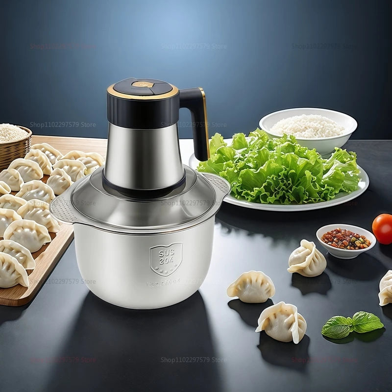 Picadora de carne eléctrica de 5 l, trituradora de alimentos, cortadora de verduras multifunción de acero inoxidable, procesadora, picadora, licuadora de cocina