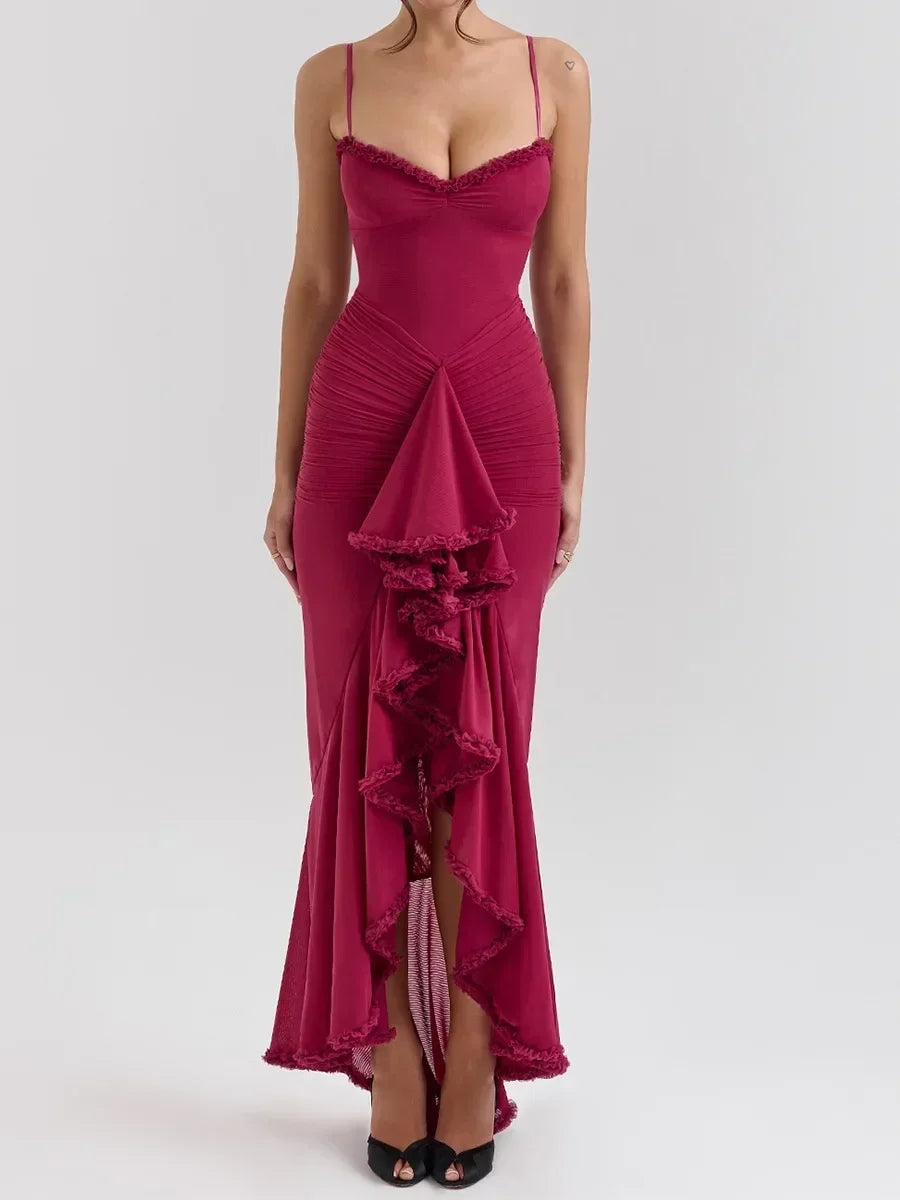 Vestidos de fiesta de malla irregular Suninheart 2024, nuevos modelos, vestido ajustado con tirantes finos, vestido largo fruncido de moda para mujer.
