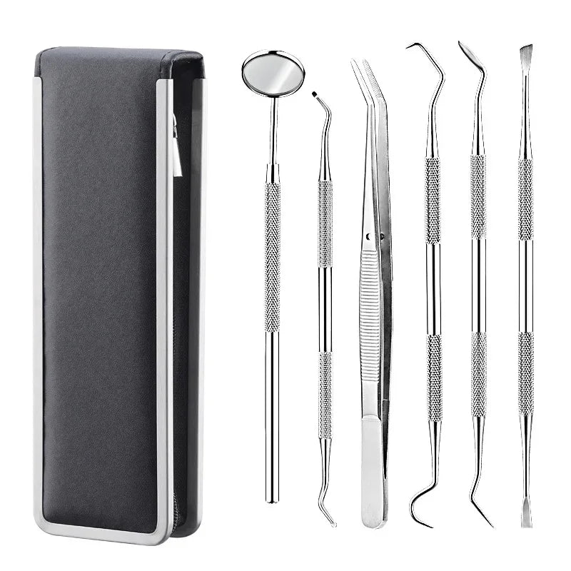 Juego de herramientas de acero inoxidable para dentistas, 4, 5 y 6 piezas, pinzas, azada, hoz, raspador, espejo, limpieza de sarro.