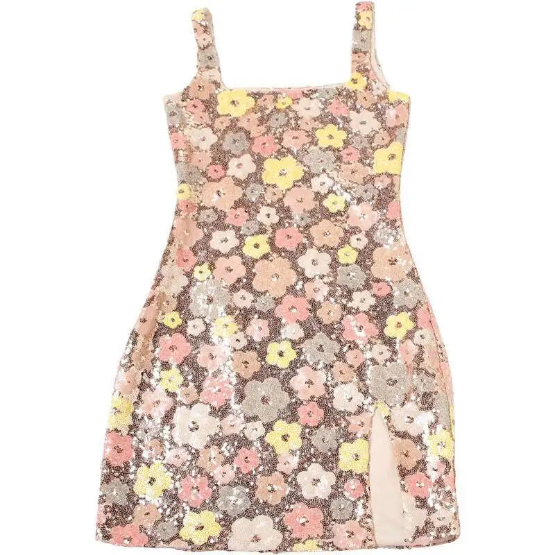 Vestido de fiesta sexy para mujer, estilo discoteca, con lentejuelas florales, tipo pueblo, tirantes finos, mini, primavera/verano 2025, vestido ajustado y entallado.
