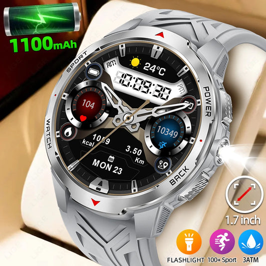 Reloj inteligente deportivo para exteriores para hombre, con batería grande de 1100 mAh, brújula, linterna LED, control del ritmo cardíaco, compatible con Android e iOS.