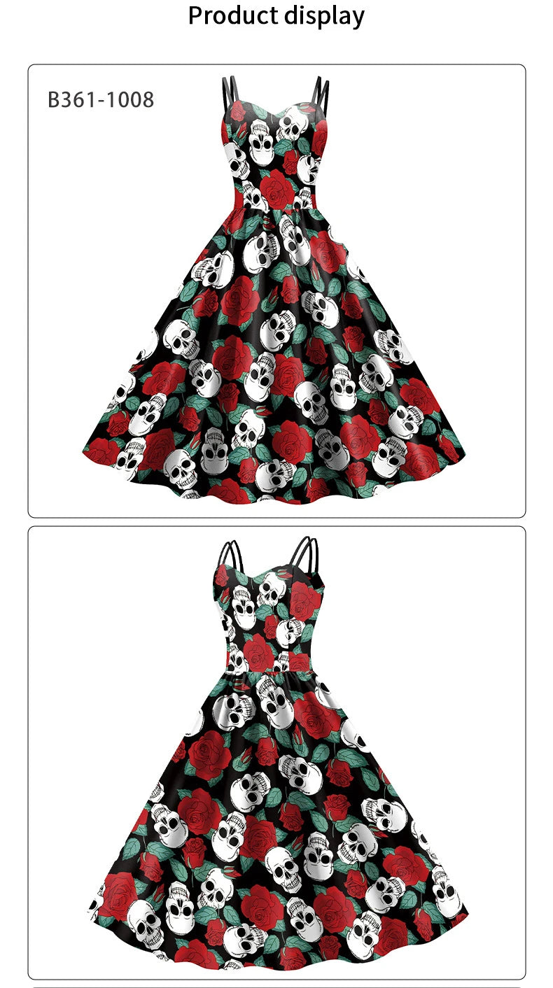 Halloween Costume Skeleton Rose Print Women Girl Female Goth Horror Rockabilly Carnival Fancy Dress Up Party Performance