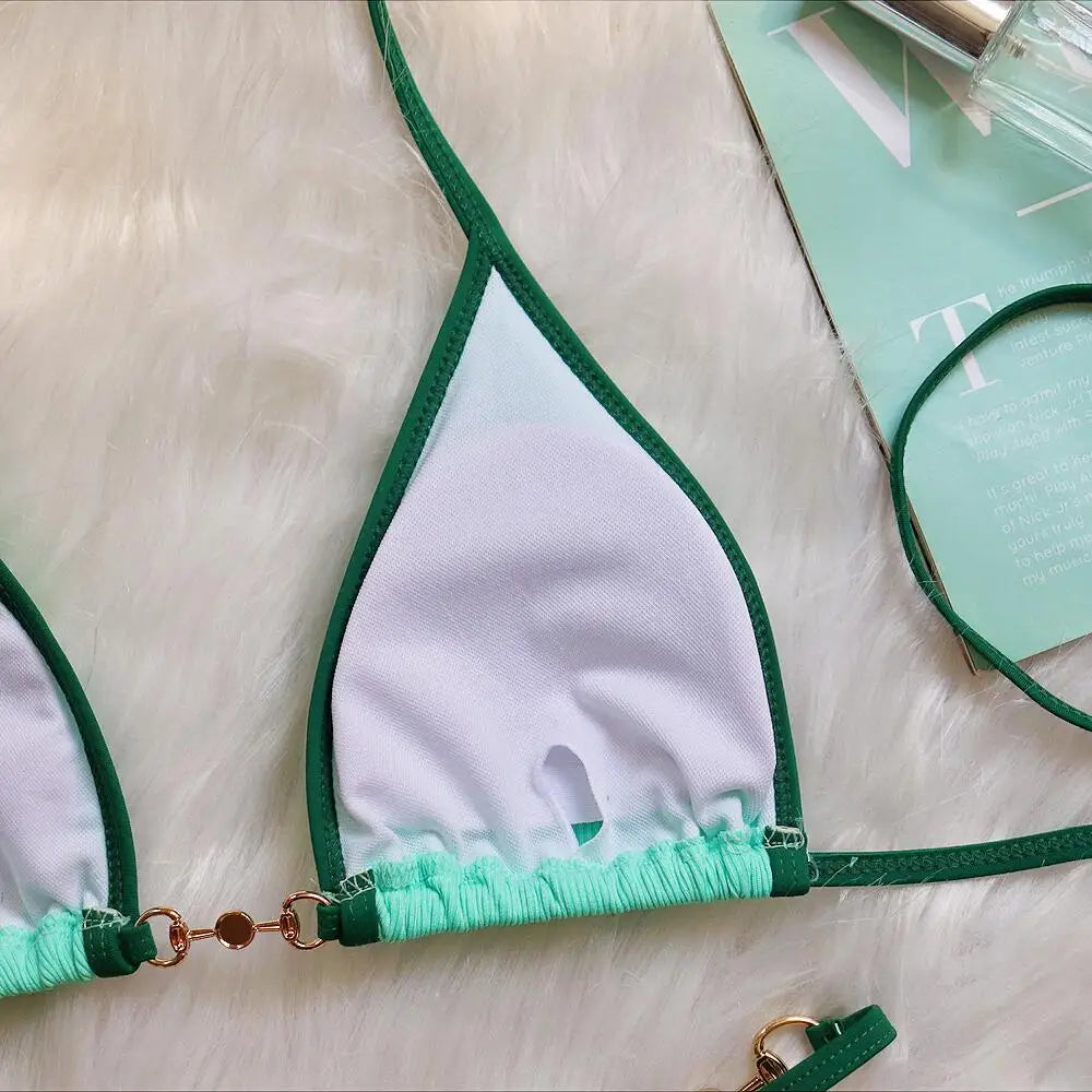 Bikini sexy con cuello halter y perlas para mujer, traje de baño femenino de dos piezas con ribete acanalado