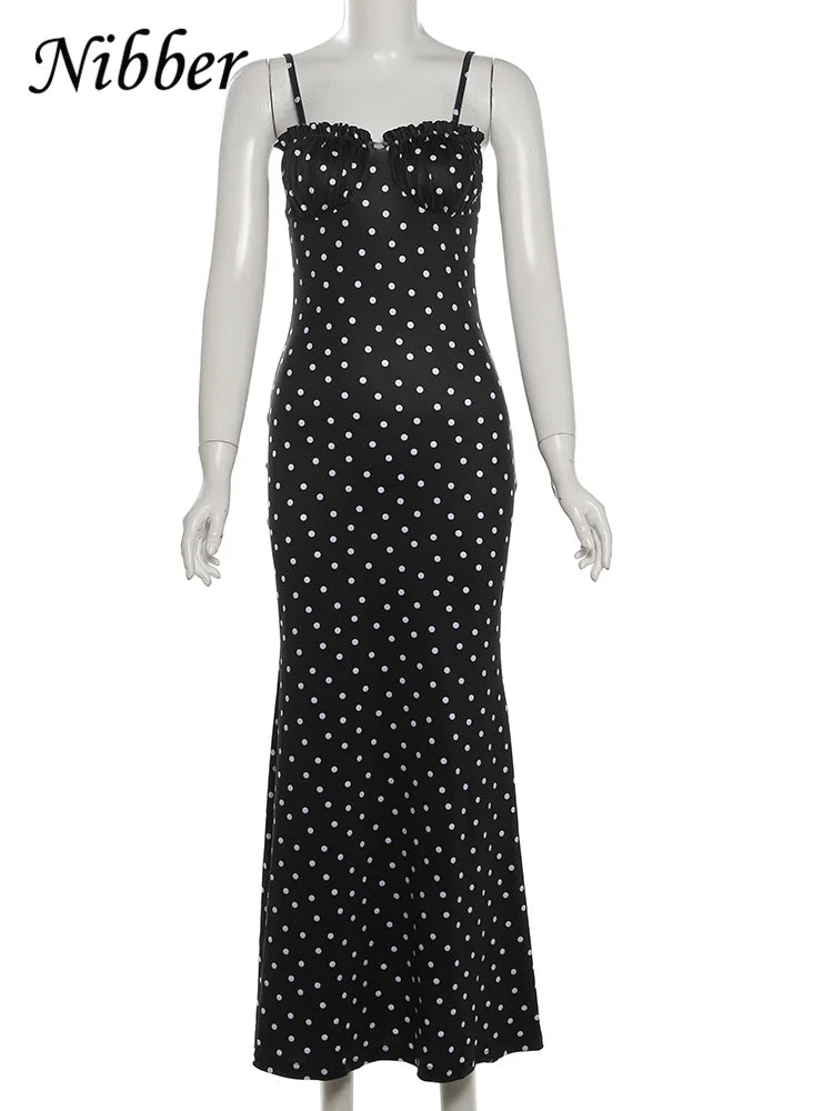Vestido Nibber de verano, estilo moderno, con escote barco, estampado de lunares, tirantes finos, corte ajustado, elegante, estilo maxi, ideal para salir de fiesta.
