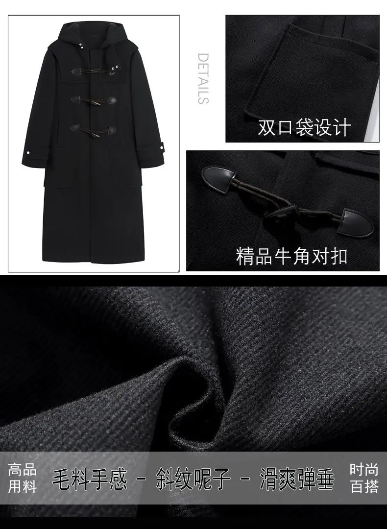 Autumn Men Thick Hooded Trench Coat Men Korean Wool Blends Overcoat Men Casual Horn Button Woollen Coat Black Warm Loose Coat