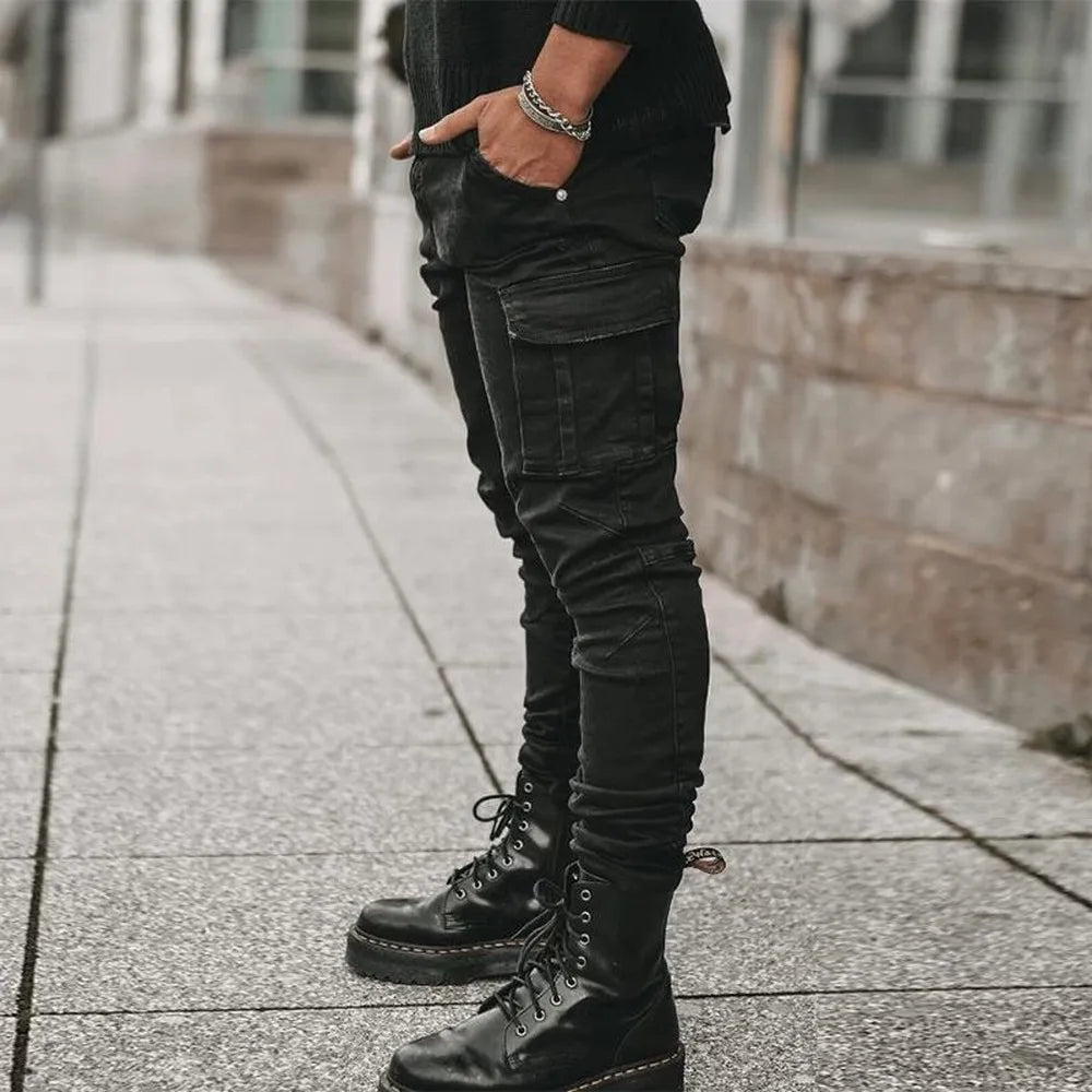 Pantalones vaqueros elásticos de calle para hombre, pantalones cargo de mezclilla lavados, de color sólido, con múltiples bolsillos, pantalones casuales de cintura media, ajustados, para uso diario, para correr