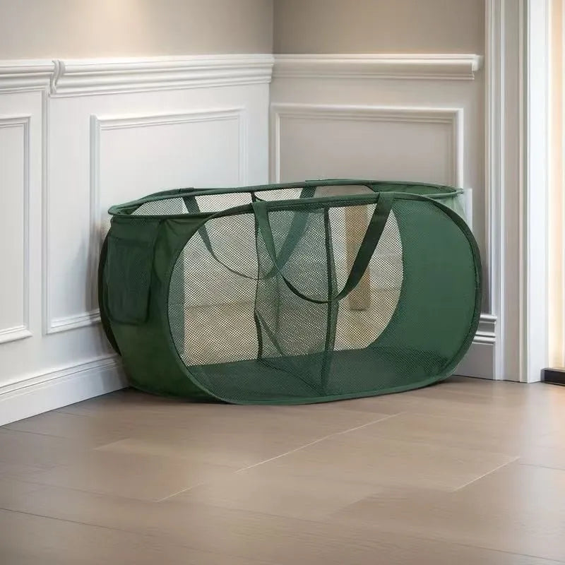 Cesta de lavandería plegable y duradera, cesta de lavandería de malla desplegable con bolsillo lateral, cesta de almacenamiento de ropa plegable con refuerzo