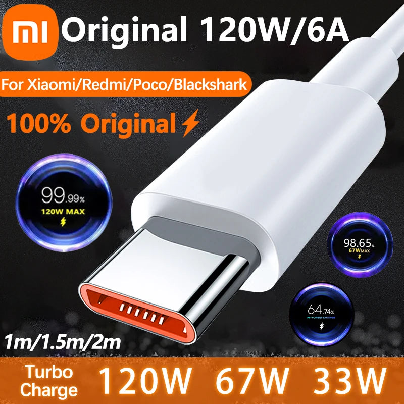 Cable de carga rápida Turbo original Xiaomi 6A 120W 67W USB Tipo C para Mi 15, 14T Ultra, Redmi Note 14, 13 Pro Plus, K80, Poco F5