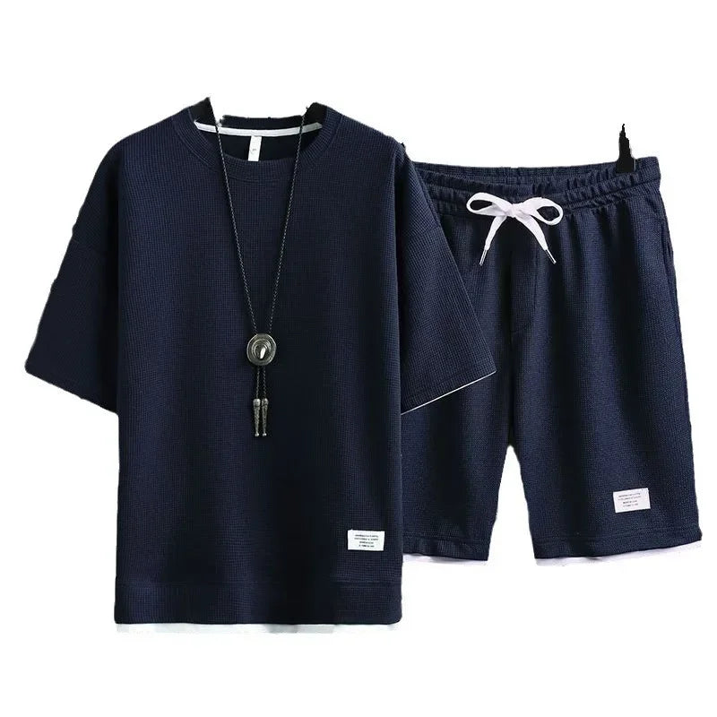 Conjunto deportivo informal de verano para hombre, pantalones cortos de manga corta con cordón, pantalones holgados de cinco cuartos, traje fino de dos piezas para hombre