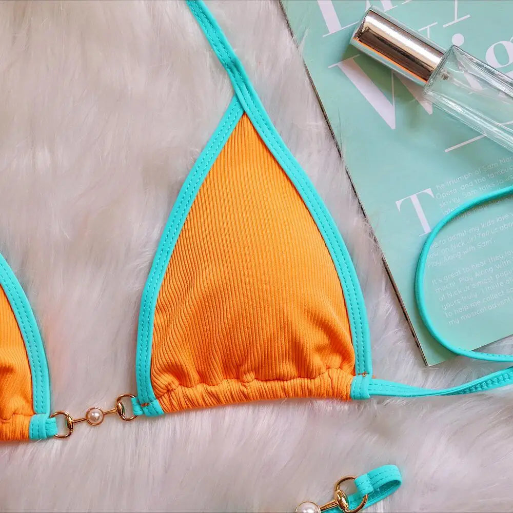 Bikini sexy con cuello halter y perlas para mujer, traje de baño femenino de dos piezas con ribete acanalado