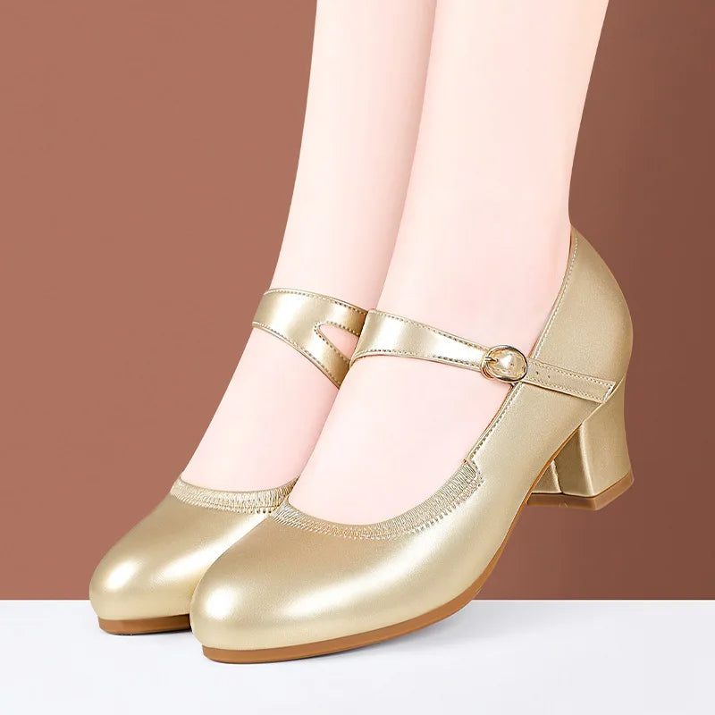 Zapatos Mary Jane de plataforma de piel suave, cómodos y poco profundos, de 3,5 cm y 5,5 cm, para primavera de 2025, con tacón de bloque mediano, para oficina y mamá.