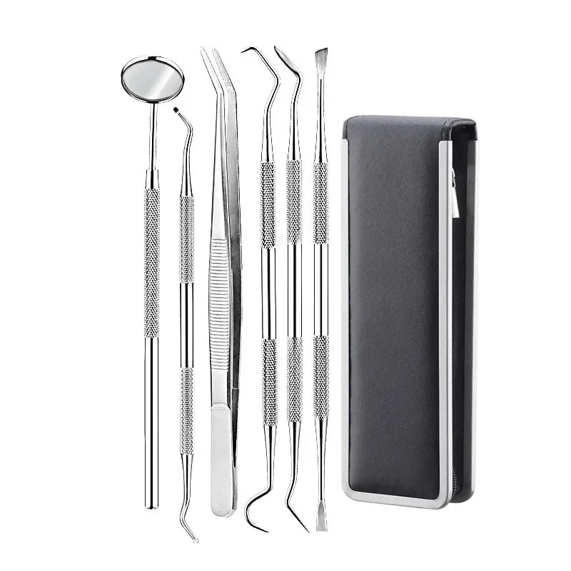 Juego de herramientas de acero inoxidable para dentistas, 4, 5 y 6 piezas, pinzas, azada, hoz, raspador, espejo, limpieza de sarro.