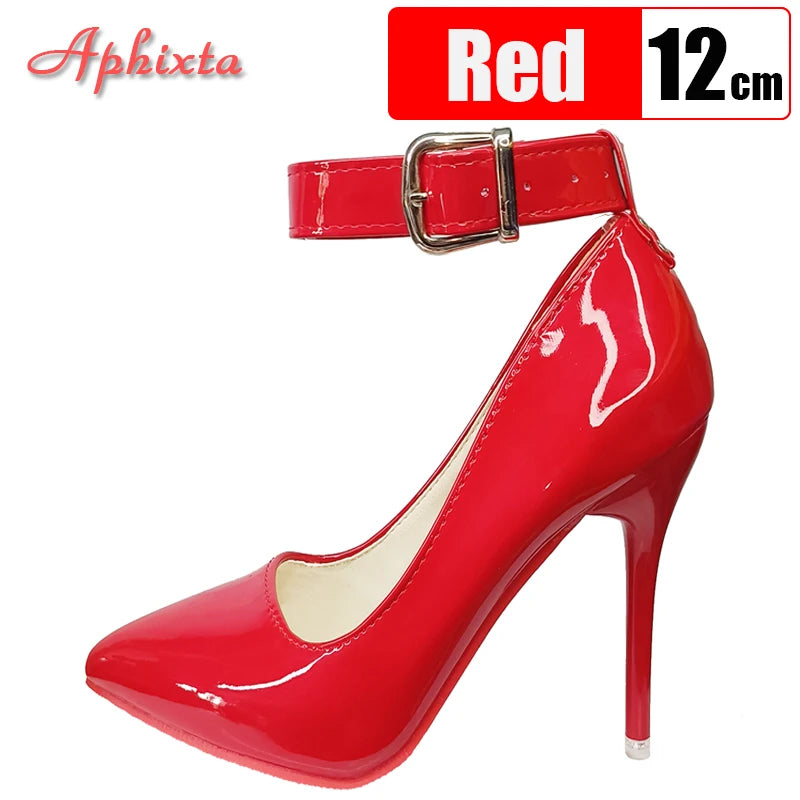 Aphixta - Zapatos de tacón de aguja con hebilla de metal para mujer, 10 cm/12 cm, para fiesta, con remaches, correa de hebilla, punta puntiaguda, talla 48, 49 y 50