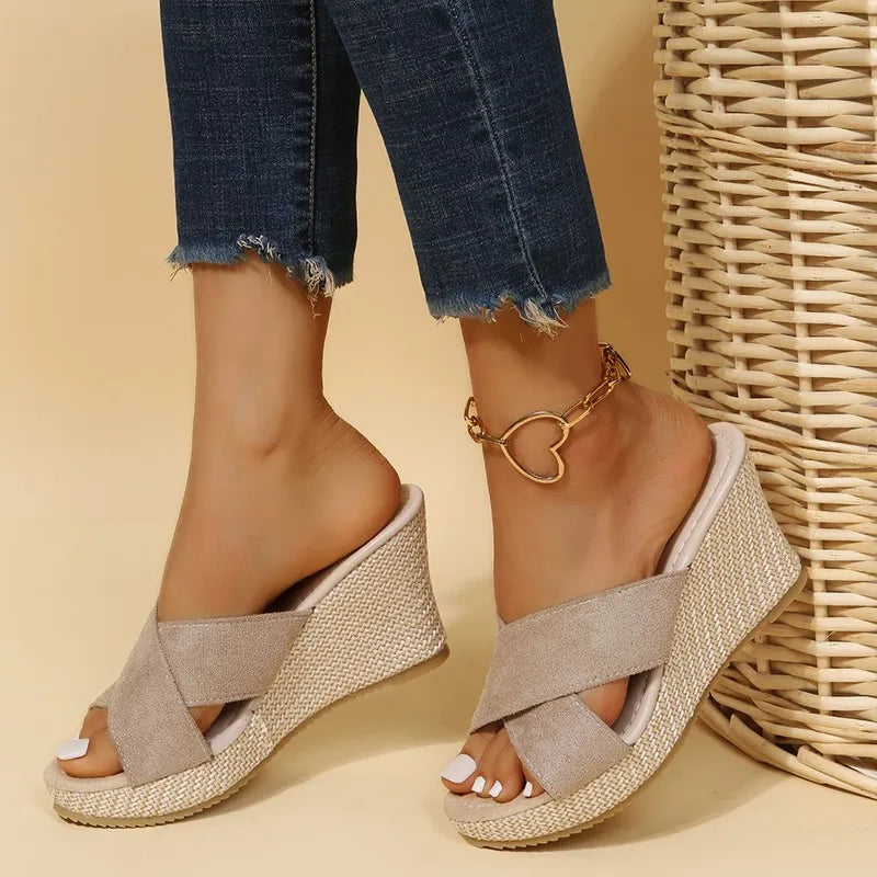 Sandalias de tacón alto de lujo para mujer, sandalias de cuña con alpargatas, zapatos de plataforma con punta abierta, sandalias deslizantes para exteriores