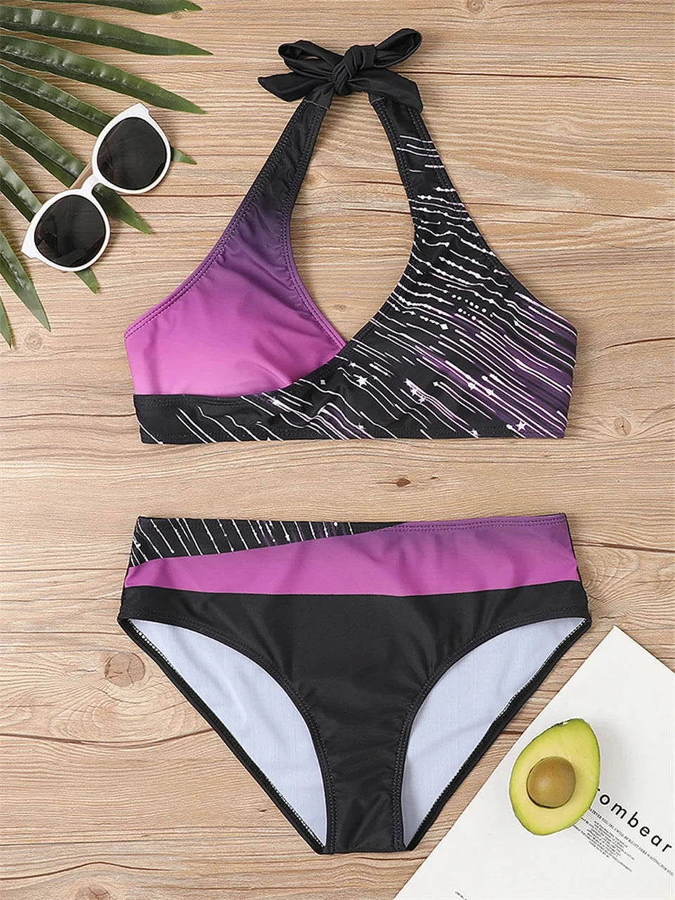 Conjunto de bikini con cuello en V 2024 para mujer, traje de baño de verano con estampado de rayas y patchwork, ropa de playa, traje de baño para mujer, talla 2XL