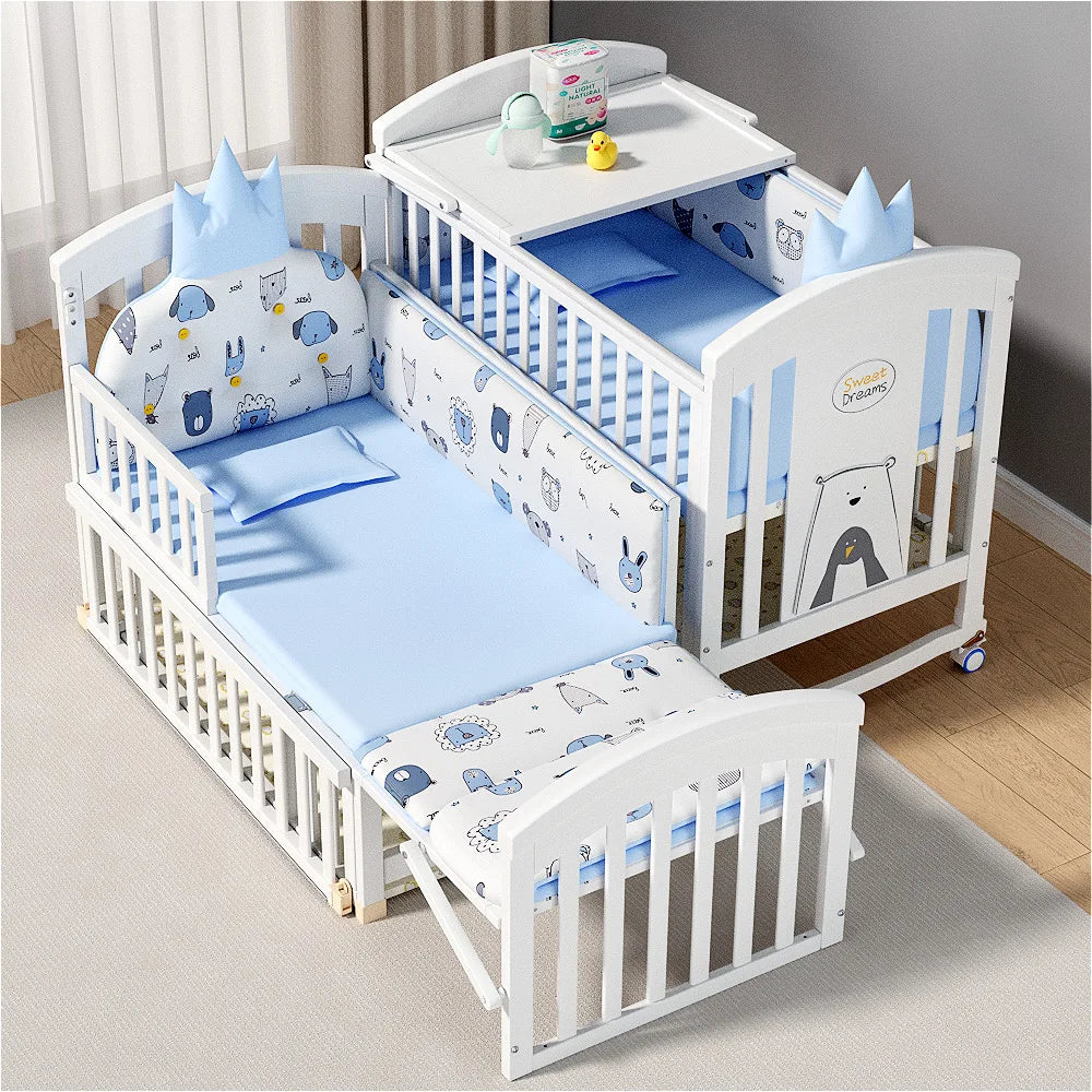 Cama blanca para niñas al por mayor, muebles de dormitorio para bebés, cama multifuncional de madera para bebés con cambiador de pañales, cama para bebés