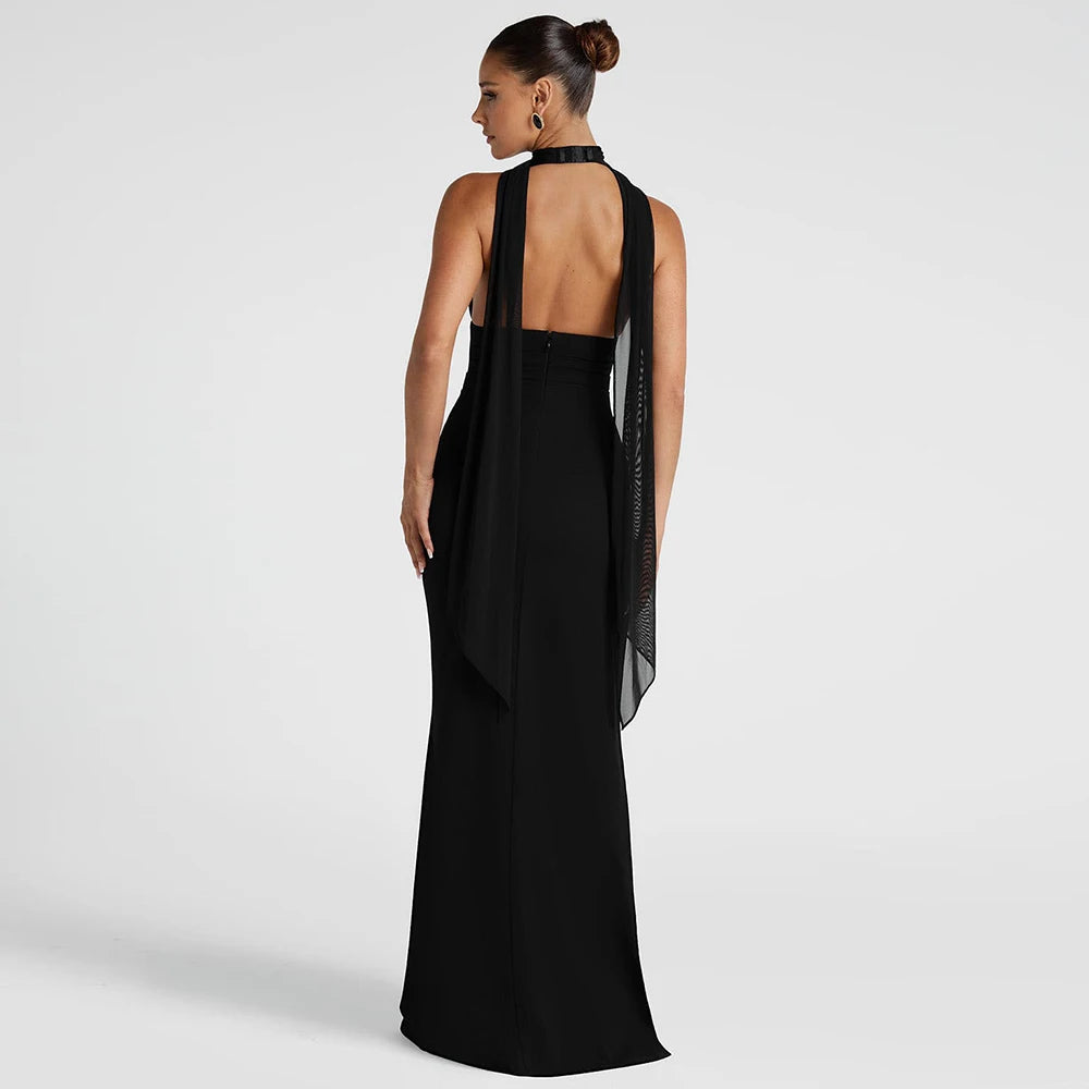 Summer 2025 Women's Sexy Deep V-Strap Hanging Neck High Cut Split Dress Solid Color Bareback Fashionable Split Dress