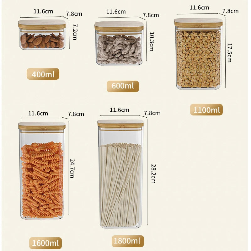 Tarro de plástico cuadrado sellado de 1100 ml para alimentos, con tapa de bambú, para cereales de cocina, transparente, para té y utensilios de cocina.