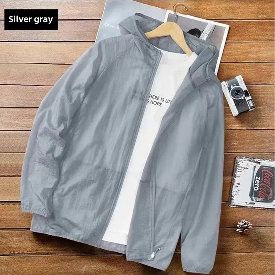 Chaqueta fina de seda de hielo para hombre, transpirable, de verano 2024, con protección solar para pesca, cárdigan para exteriores, estilo holgado e informal.
