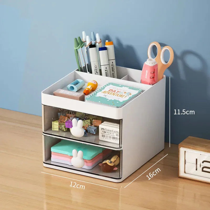 Organizador de escritorio pequeño con cajón, organizador de maquillaje, para tarjetas de presentación, bolígrafos, lápices, teléfono móvil y papelería.