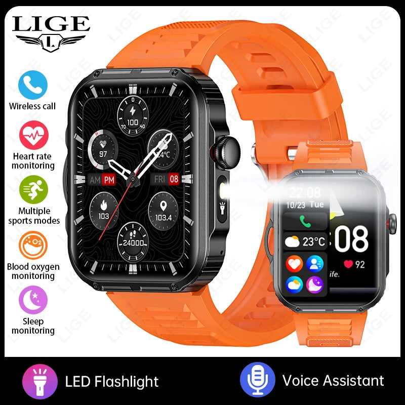 Reloj inteligente de 2,01 pulgadas para hombre y mujer, con linterna LED, control del ritmo cardíaco, para deportes al aire libre y fitness, resistente al agua