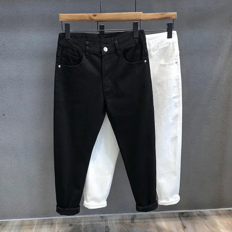 Pantalones vaqueros blancos elásticos de moda de verano para hombre, ajustados, estilo coreano, pantalones cortos, ropa informal de alta calidad.