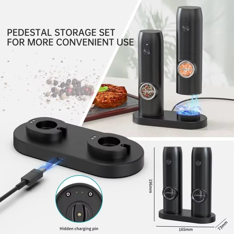 Molinillo eléctrico de sal y pimienta con base de carga y luz LED, molinillo automático de especias y hierbas con grosor ajustable.