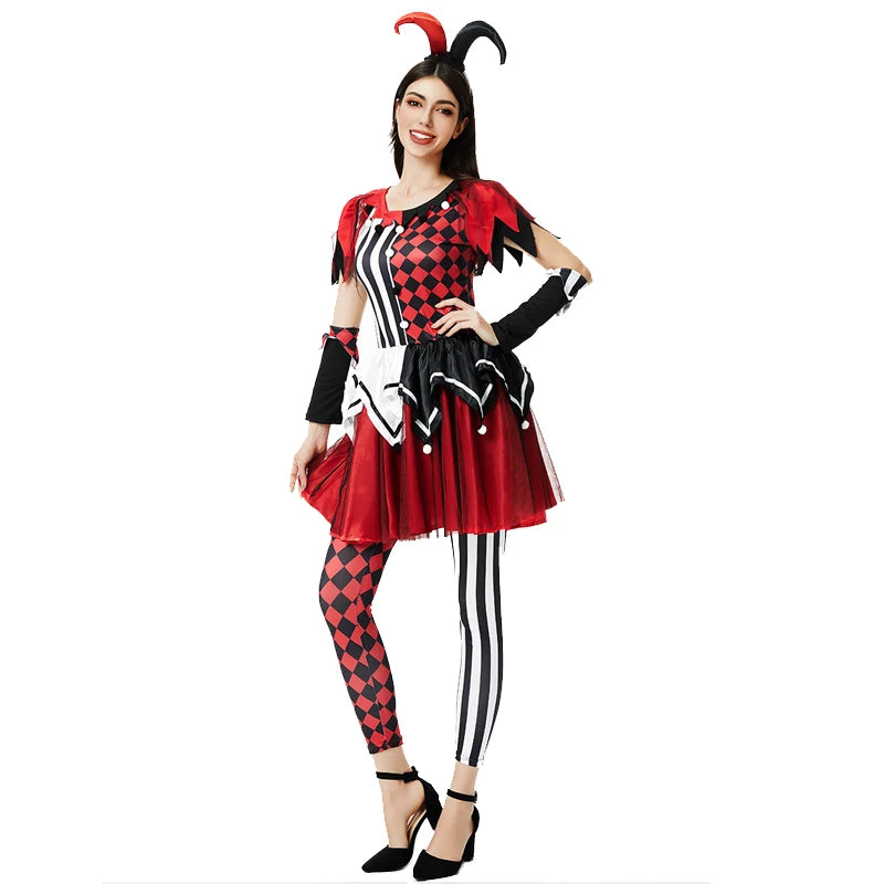 Multiple Lady Circus Clown Costume Crazy Naughty Harlequin Pennywise Roleplay Cosplay Carnival Halloween Fancy Party Dress