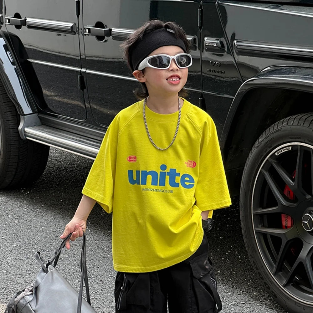 Ropa para niños, camiseta de baile callejero para niños, color amarillo pesado, letras modernas y geniales, para niños y niñas, manga corta de verano.