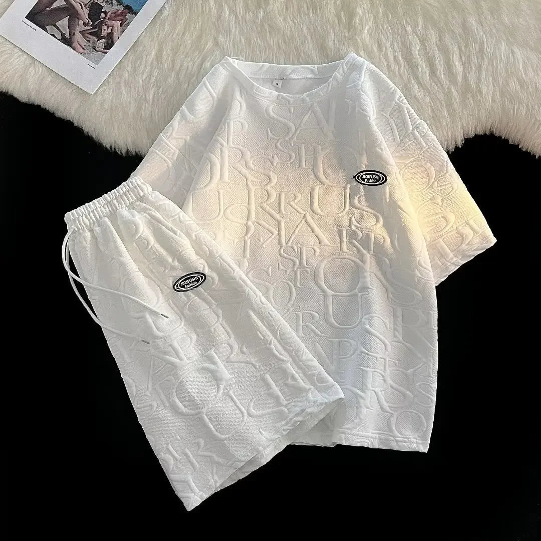 Conjunto de camiseta y pantalones cortos de manga corta para hombre, ropa deportiva informal de verano, corte holgado, marca de moda, largo de cinco cuartos, cómodo