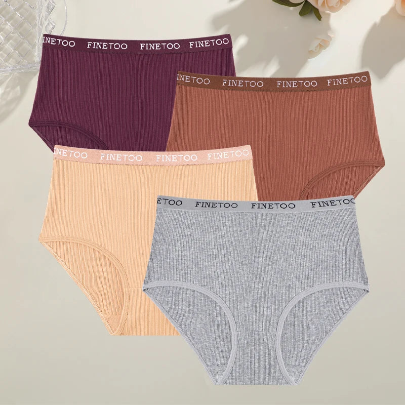 Conjunto de 4 bragas de algodón acanaladas a rayas para mujer, tallas grandes, cintura alta, transpirables, lencería lisa, pantalones cortos S-XXL