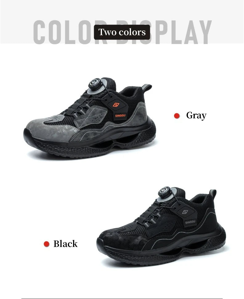 Zapatos de seguridad de trabajo con botón giratorio para hombres y mujeres, zapatos con puntera de acero, botas de seguridad indestructibles, zapatillas de trabajo protectoras ligeras.